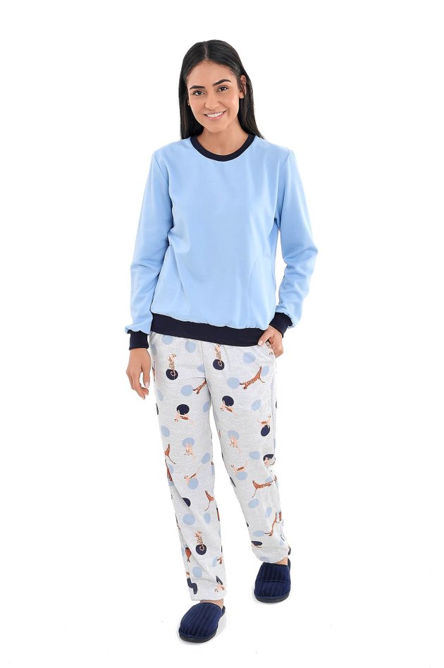 pijama feminino flanelado gatinhhos azul 3