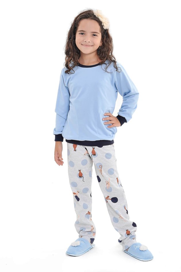 pijama feminino infantil flanelado gatinhhos azul 1