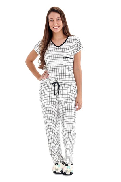 pijama feminino xadrez grid branco manga curta com calca mania pijamas 2