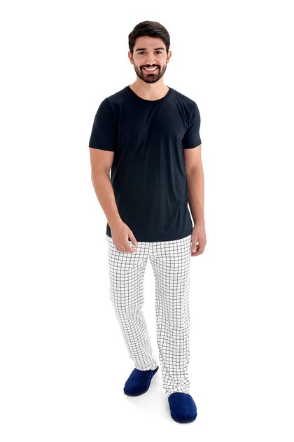 pijama masculino xadrez grid preto e branco manga curta com calca mania pijamas 3