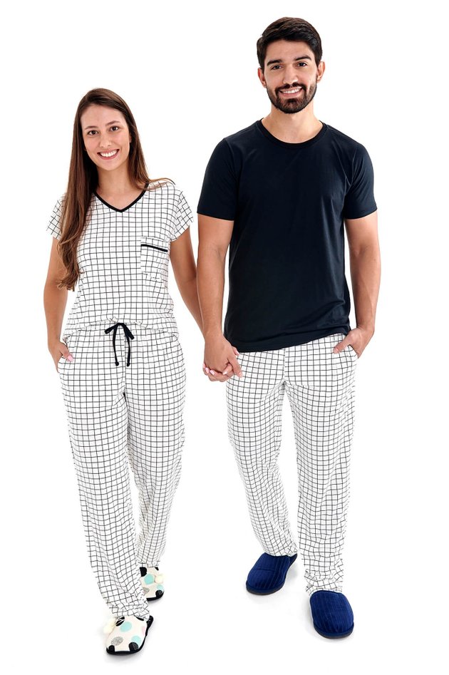 pijama casal combinando xadrez grid branco manga curta com calca mania pijamas 2