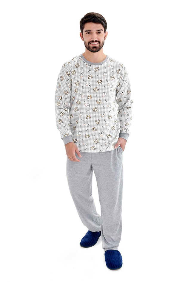 pijama masculino flanelado inverno longo pug cinza mania pijamas 1