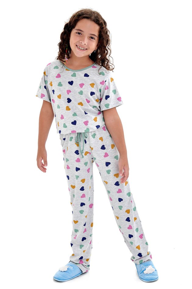 pijama infantil juvenil meia estacao manga curta com calca estampado coracoes coloridos 1