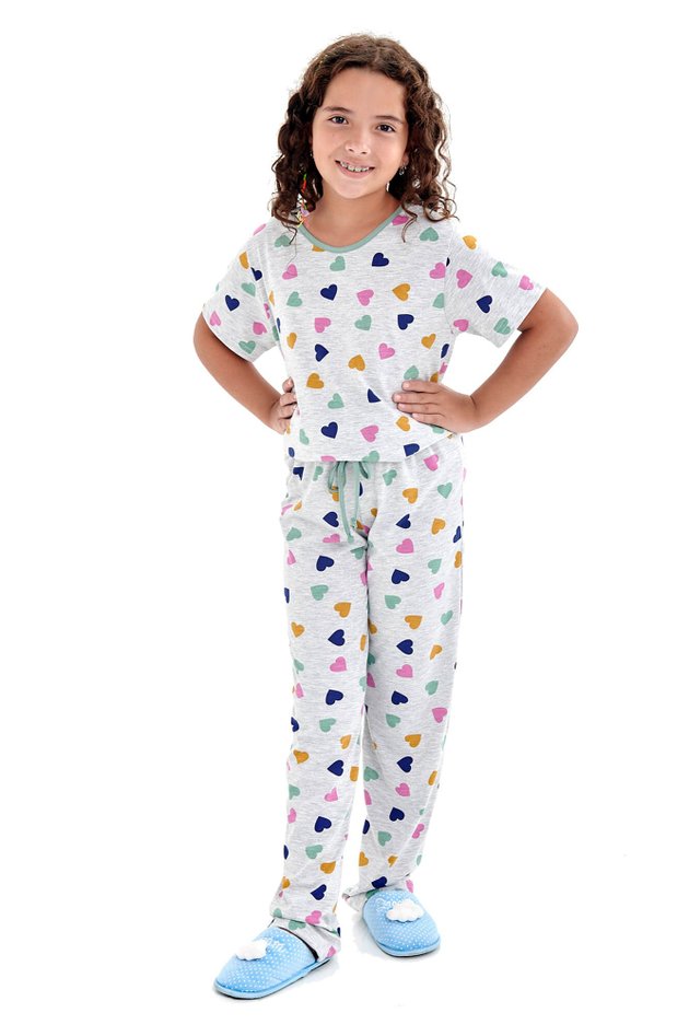 pijama infantil juvenil meia estacao manga curta com calca estampado coracoes coloridos 4