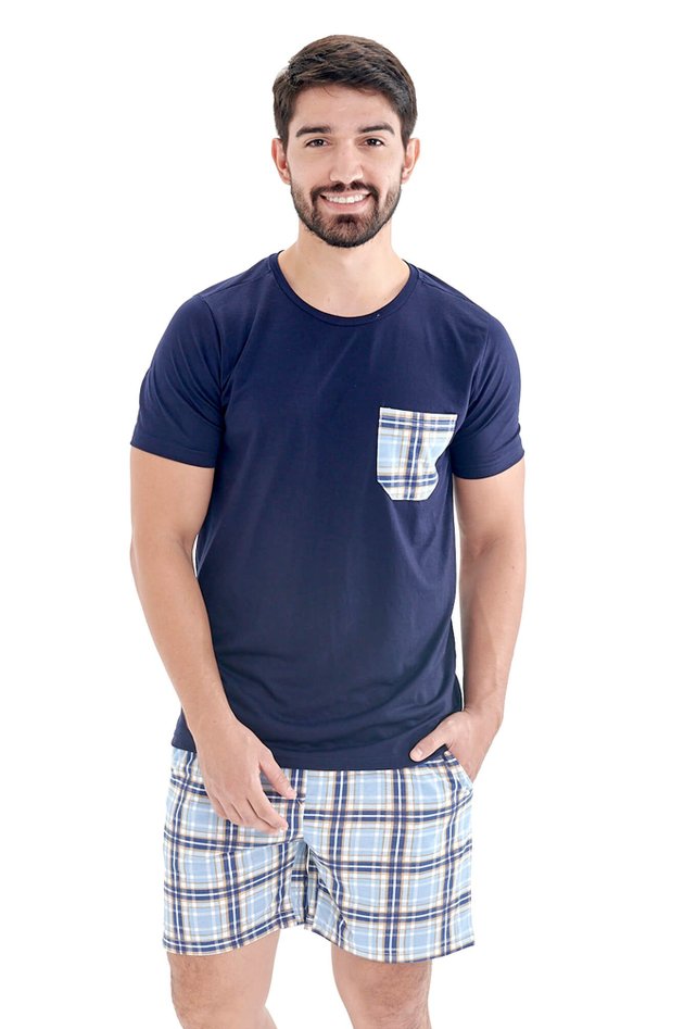 pijama masculino curto xadrez azul com samba cancao 3
