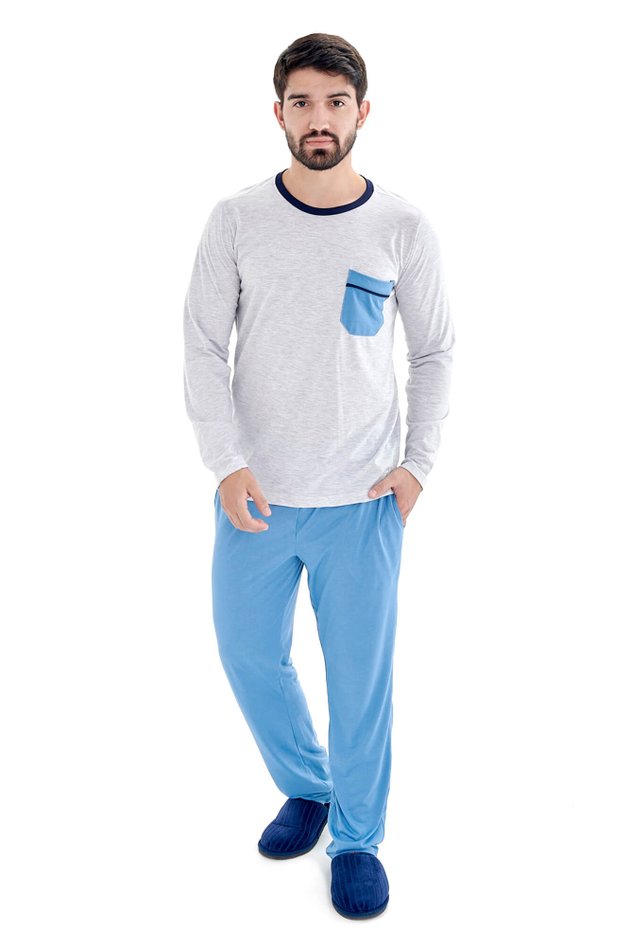 pijama masculino longo inverno basico em malha azul e gelo mescla 3