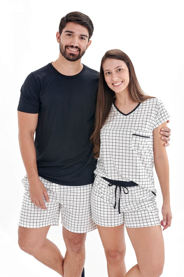 pijama casal curto com shorts xadrez grid off mania pijamas 1