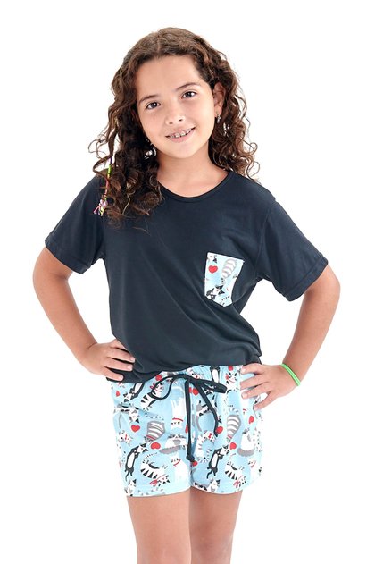 pijama infantil juvenil menina curto com shorts gatinho 1