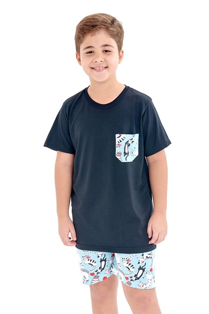 pijama infantil juvenil menino curto com shorts gatinho 3