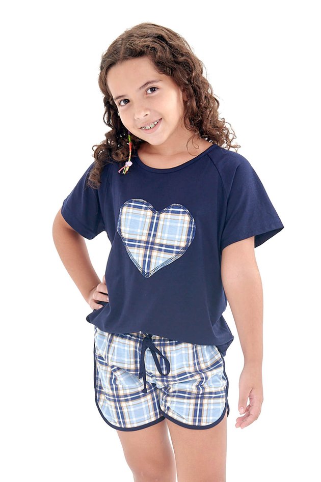 pijama infantil menina feminino xadrez azul 1