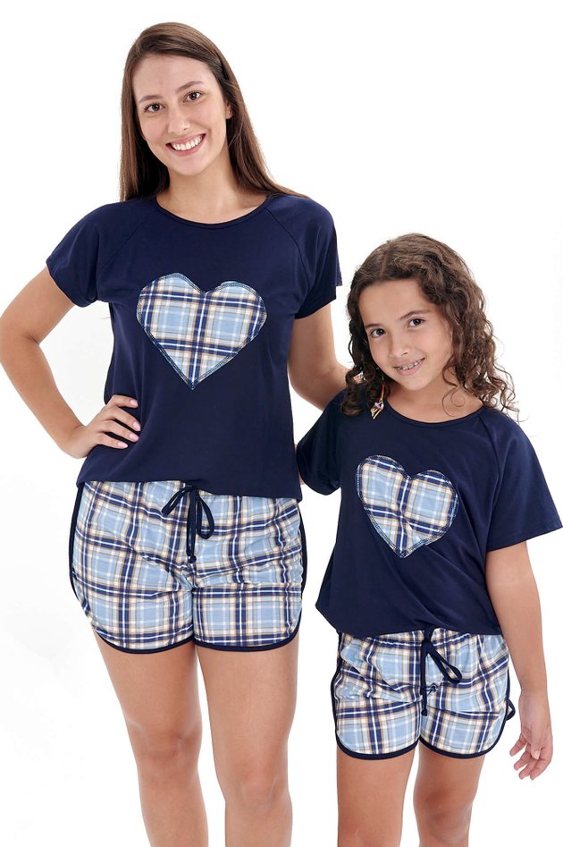 pijama mae e filha curto xadrez azul 2