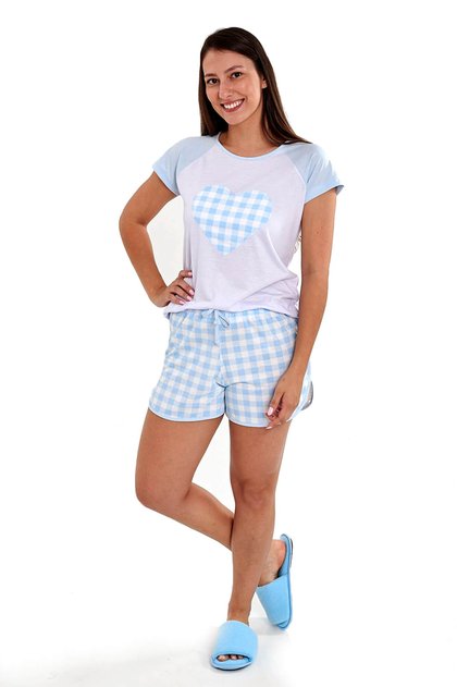 pijama feminino xadrez curto azul bebe branco mania pijamas 5