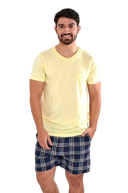 pijama masculino xadrez amarelo curto mania pijamas 3