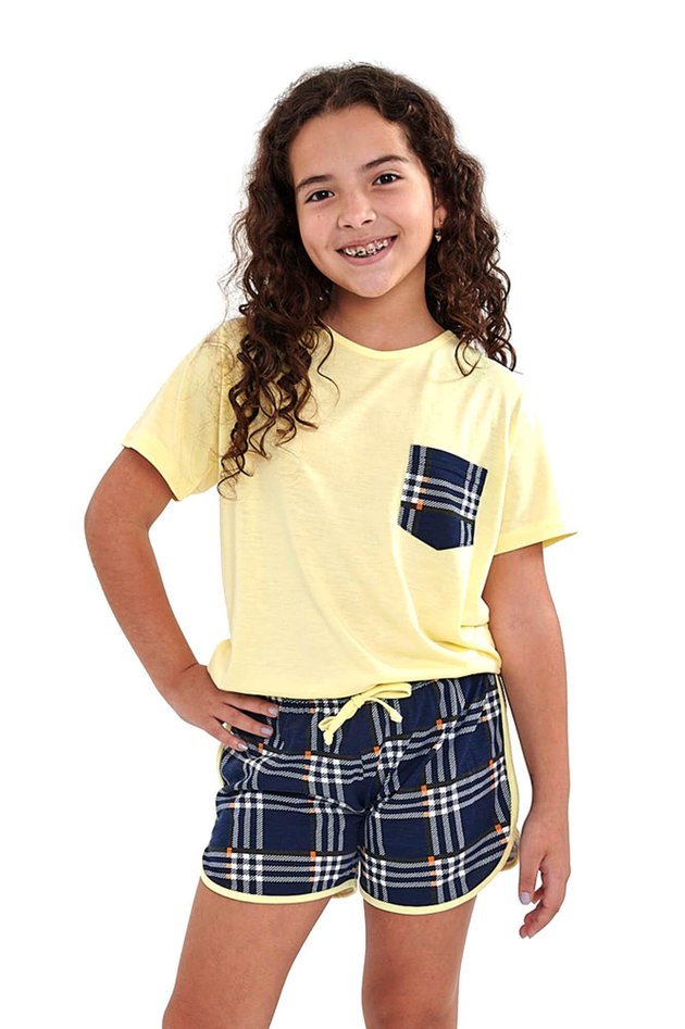 pijama infantil menina xadrez amarelo curto mania pijamas 3