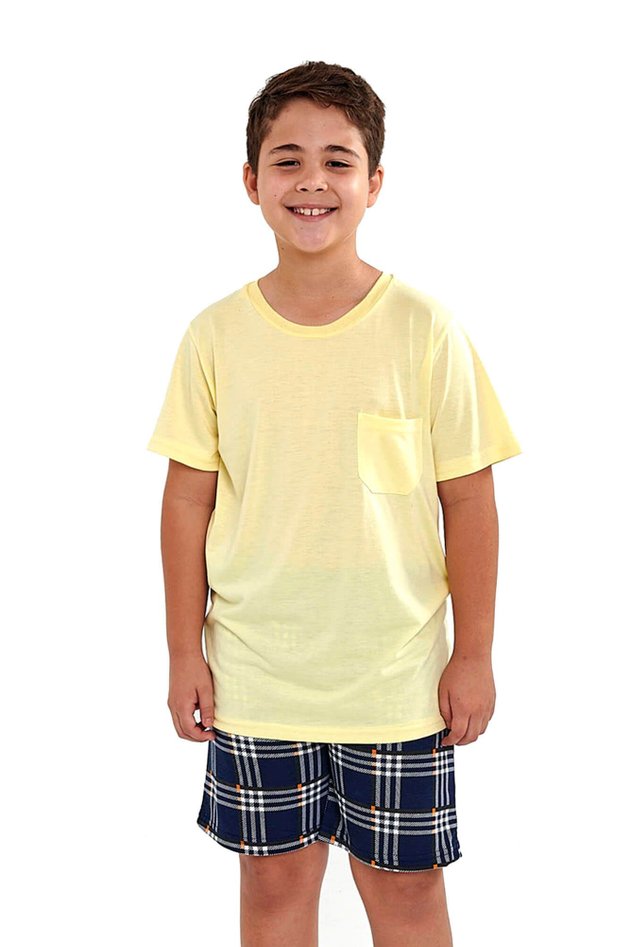 pijama infantil menino curto xadrez amarelo mania pijamas 1