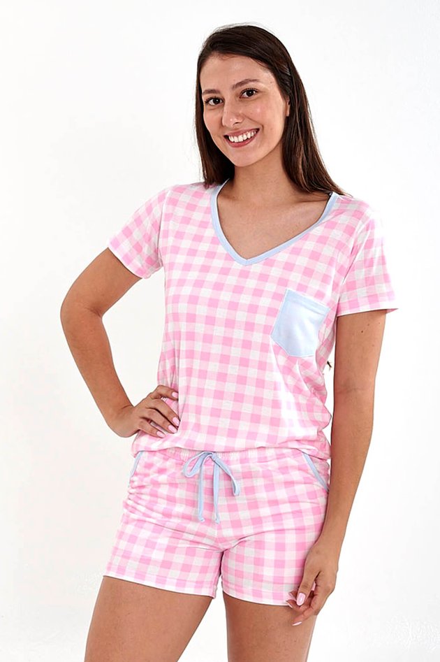Pijama Feminino Relógio Good Night + Pantufa Feminino Xadrez Pink
