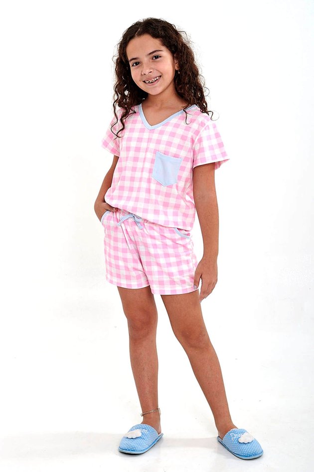 pijama menina xadrez rosa bebe curto mania pijamas 2