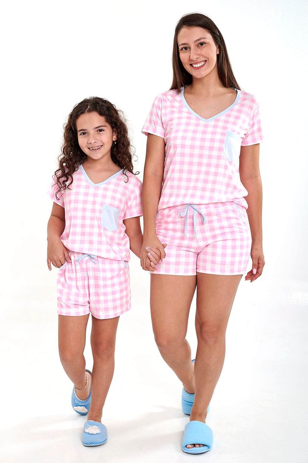 pijama mae e filha xadrez rosa curto mania pijamas 2