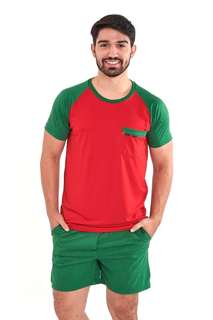 pijama de natal curto masculino adulto vermelho e verde mania pijamas 2