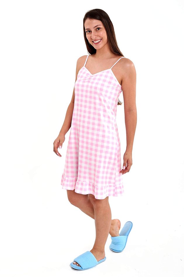 camisola alcinha feminina xadrez rosa com babado mania pijamas 5