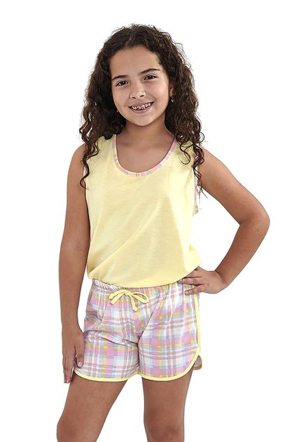 pijama menina infantil juvenil alcinha verao amarelo xadrez mania pijamas 3