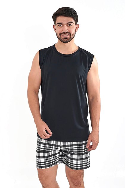 pijama masculino cavado verao preto com shorts xadrez 2