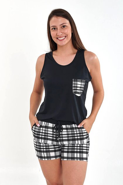 pijama feminino cavado preto com shorts xadrez 3