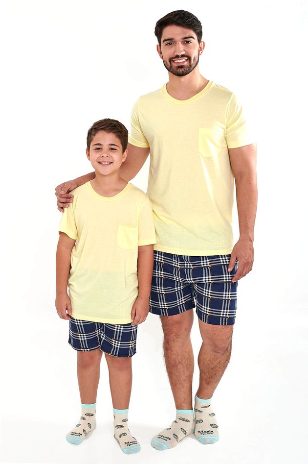 pijama pai e filho curto xadrez amarelo verao mania pijamas 2