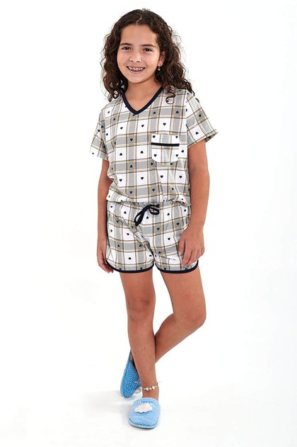 pijama infantil menina juvenil curto xadrez com coracoes 2