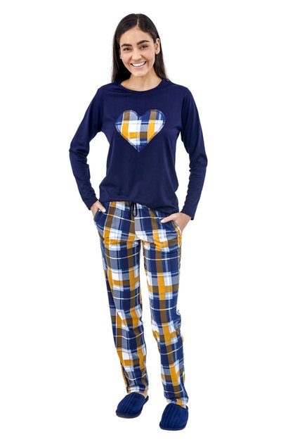pijama feminino longo inverno com calca marinho xadrez mostarda mania pijamas 4
