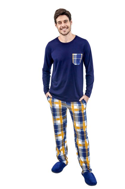 pijama masculino longo inverno xadrez marinho mania pijamas 2