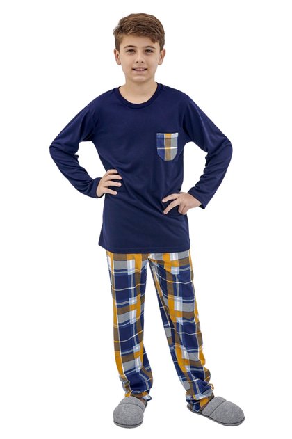 pijama infantil masculino longo inverno com calca marinho xadrez mostarda mania pijamas 1