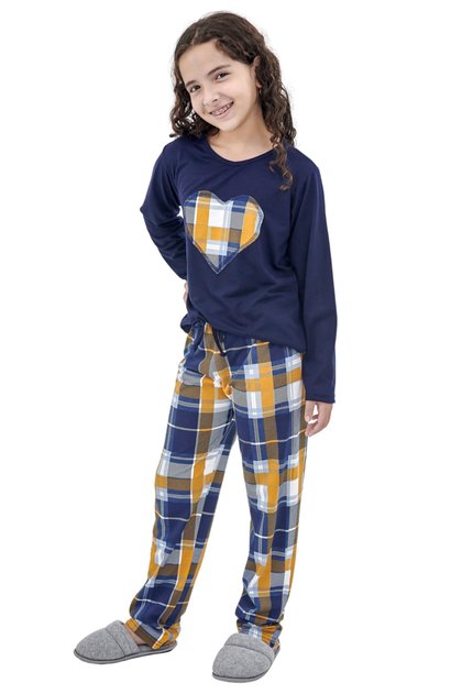 pijama infantil feminino longo inverno com calca marinho xadrez mostarda mania pijamas 6
