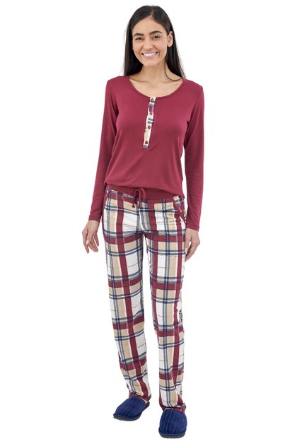 pijama gestante feminino longo inverno com calca xadrez vinho bordo mania pijamas 5